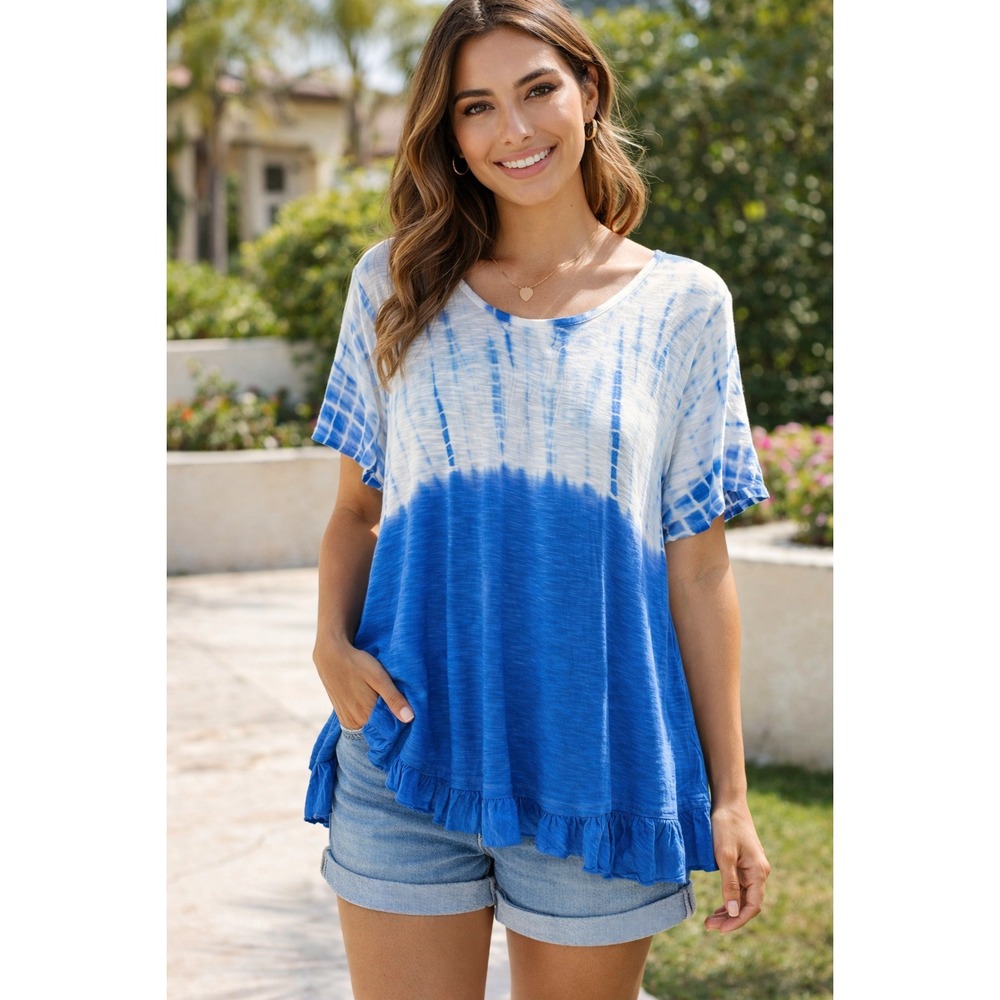 NWT Style & Co Blue Tie Dye Short Sleeves Ruffled Hem T-Shirt Top Women's XL